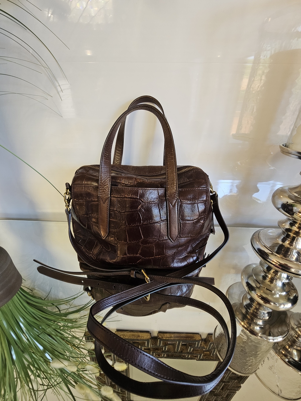 Fossil Sydney  Dark Brown Croc-Embossed Leather Satchel - Picture 3 of 12